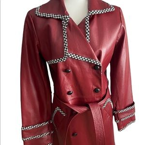 Leather Trench Coat Like New Size 4 Red/Houndstooth